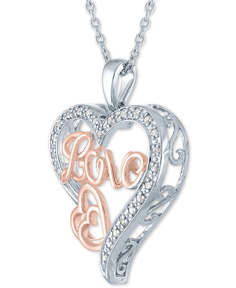 Diamond Love Heart Pendant Necklace (1/10 ct. t.w.) in Sterling Silver & 14k Rose Gold-Plate, 16" + 2" extender
