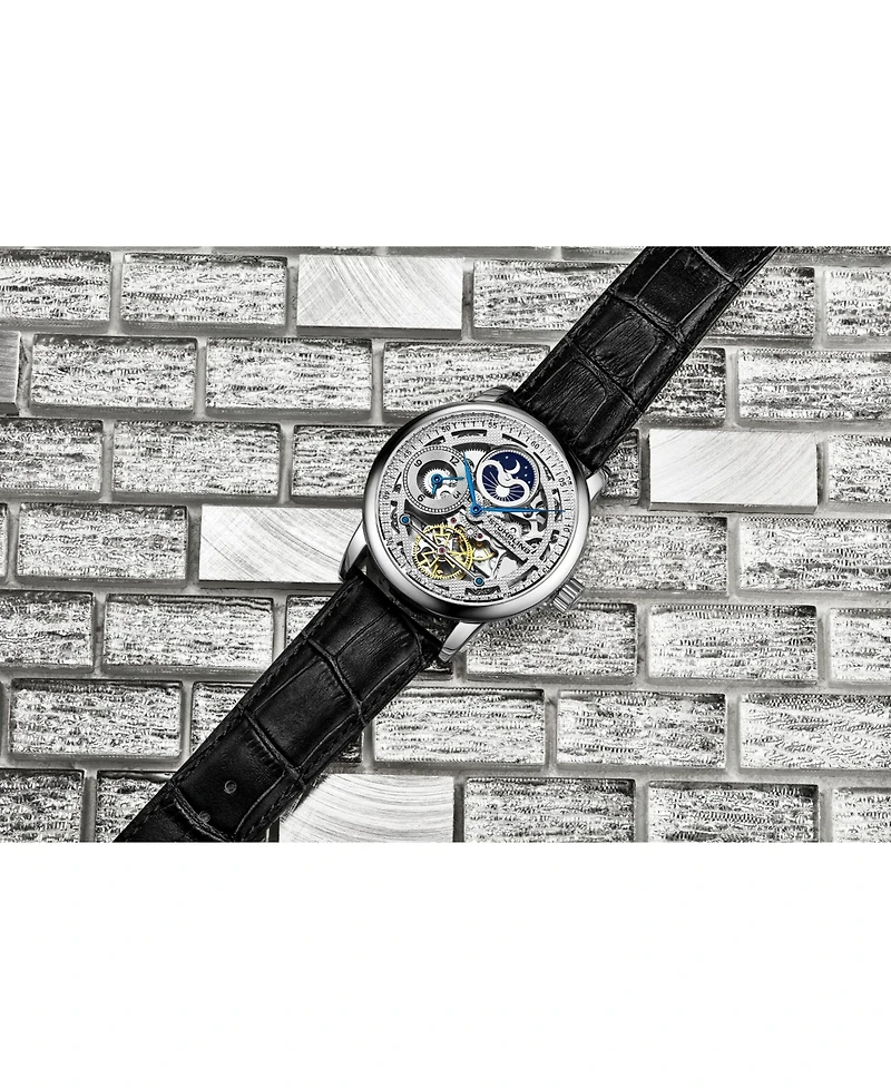 Stuhrling Men's Black Leather Strap Watch 49mm