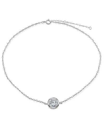 Cubic Zirconia Round Bezel Stone Ankle Bracelet Sterling Silver or 18K Gold-Plated