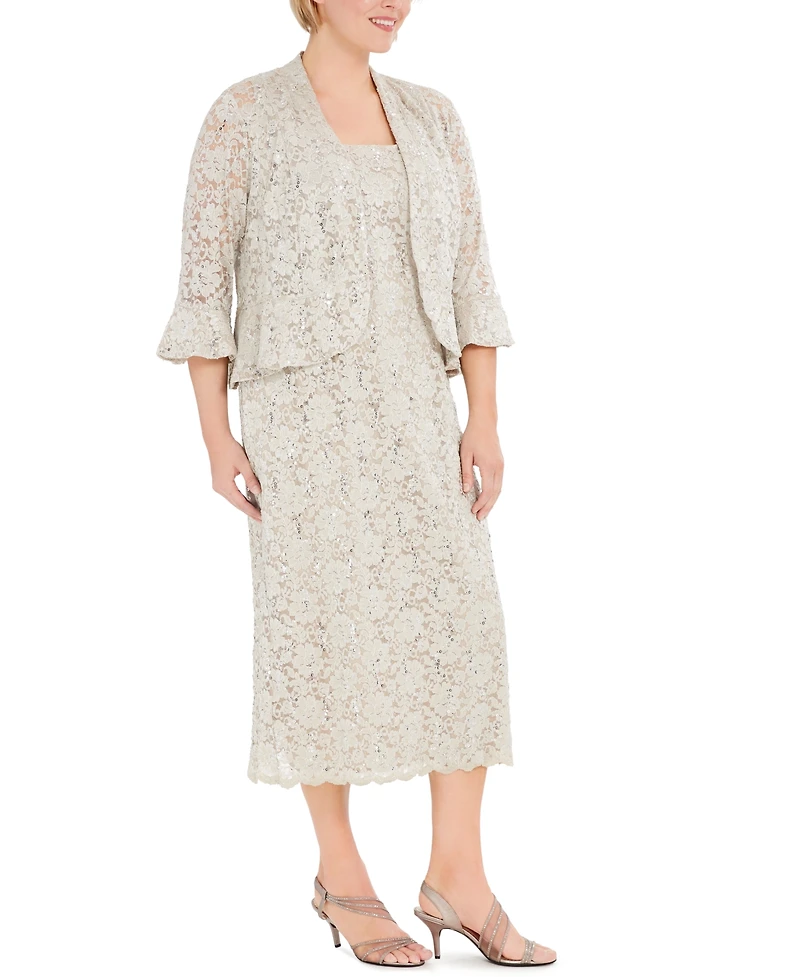 R & M Richards Plus Lace Dress Ruffled Jacket