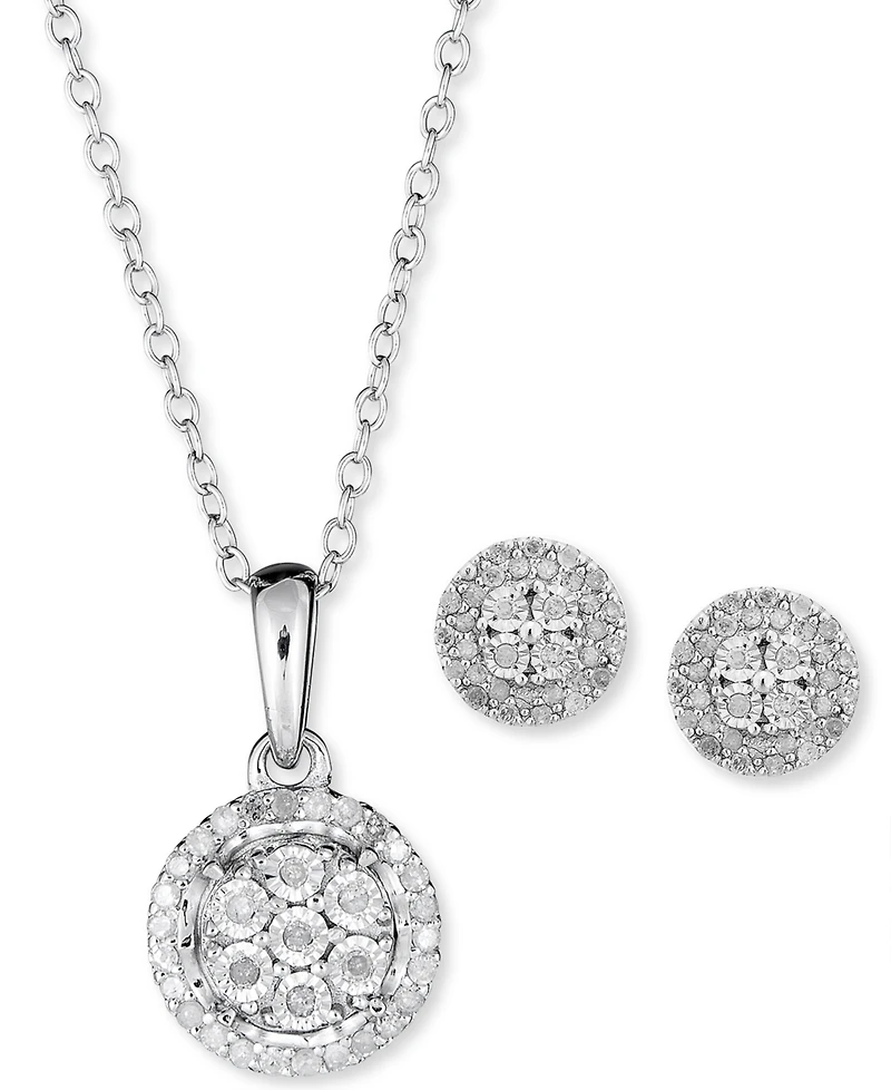 2-Pc. Set Diamond Cluster Pendant Necklace & Matching Stud Earrings in Sterling Silver