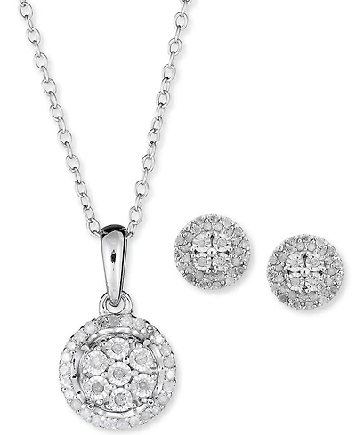 2-Pc. Set Diamond Cluster Pendant Necklace & Matching Stud Earrings in Sterling Silver
