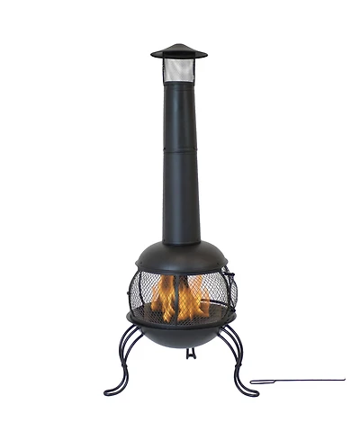 Outdoor Backyard Patio Steel Wood-Burning Fire Pit Chiminea with Rain Cap and Mesh Sides - 66" - Black
