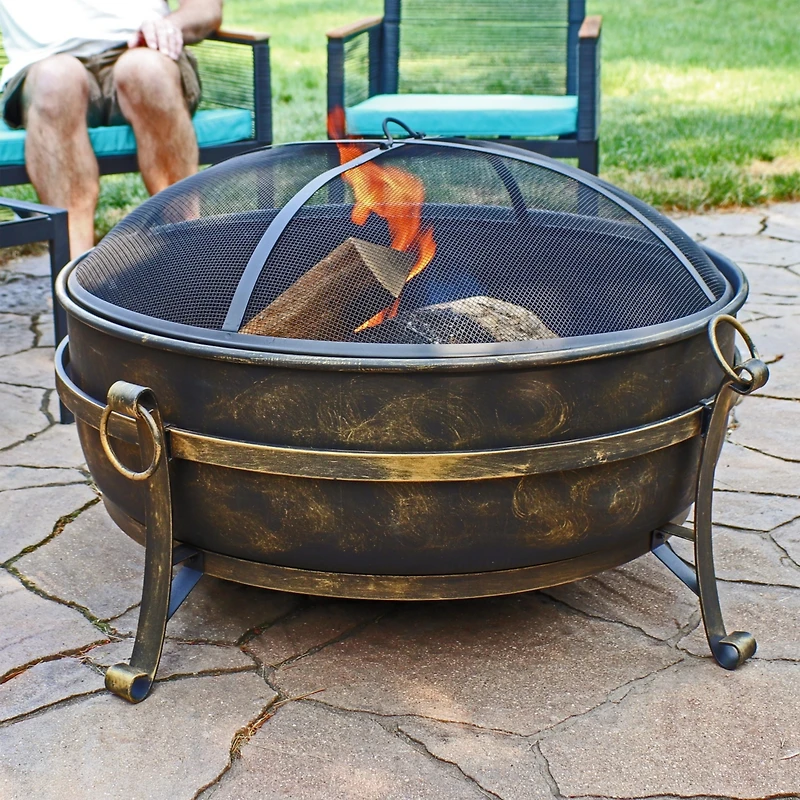 Outdoor Camping or Backyard Round Cauldron Fire Pit with Spark Screen, Log Poker, and Metal Wood Grate