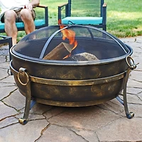 Outdoor Camping or Backyard Round Cauldron Fire Pit with Spark Screen, Log Poker, and Metal Wood Grate