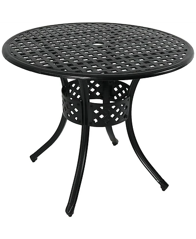 Round Lattice Design Cast Aluminum Outdoor Patio Table with Umbrella Hole, Black