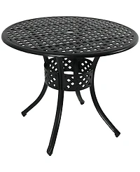 Round Lattice Design Cast Aluminum Outdoor Patio Table with Umbrella Hole, Black