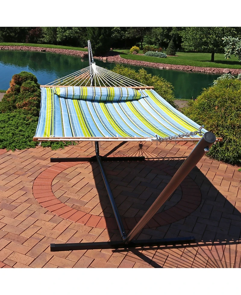 Outdoor 2-Person Quilted Fabric Hammock with Spreader Bars and Freestanding Stand