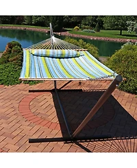 Outdoor 2-Person Quilted Fabric Hammock with Spreader Bars and Freestanding Stand