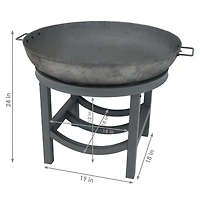Outdoor Camping or Backyard Cast Iron Round Fire Pit with Built-In Log Rack - 30" - Dark Gray