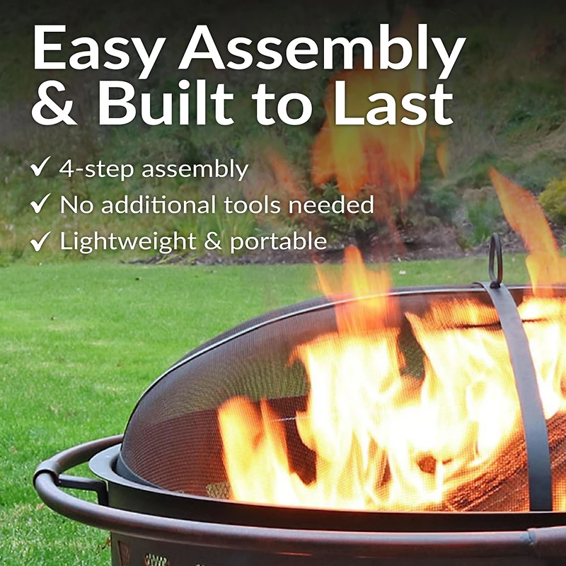 Outdoor Camping or Backyard Crossweave Cut Out Fire Pit with Spark Screen, Log Poker, and Metal Wood Grate - Bronze