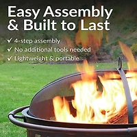 Outdoor Camping or Backyard Crossweave Cut Out Fire Pit with Spark Screen, Log Poker, and Metal Wood Grate - Bronze