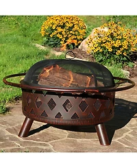 Outdoor Camping or Backyard Crossweave Cut Out Fire Pit with Spark Screen and Log Poker