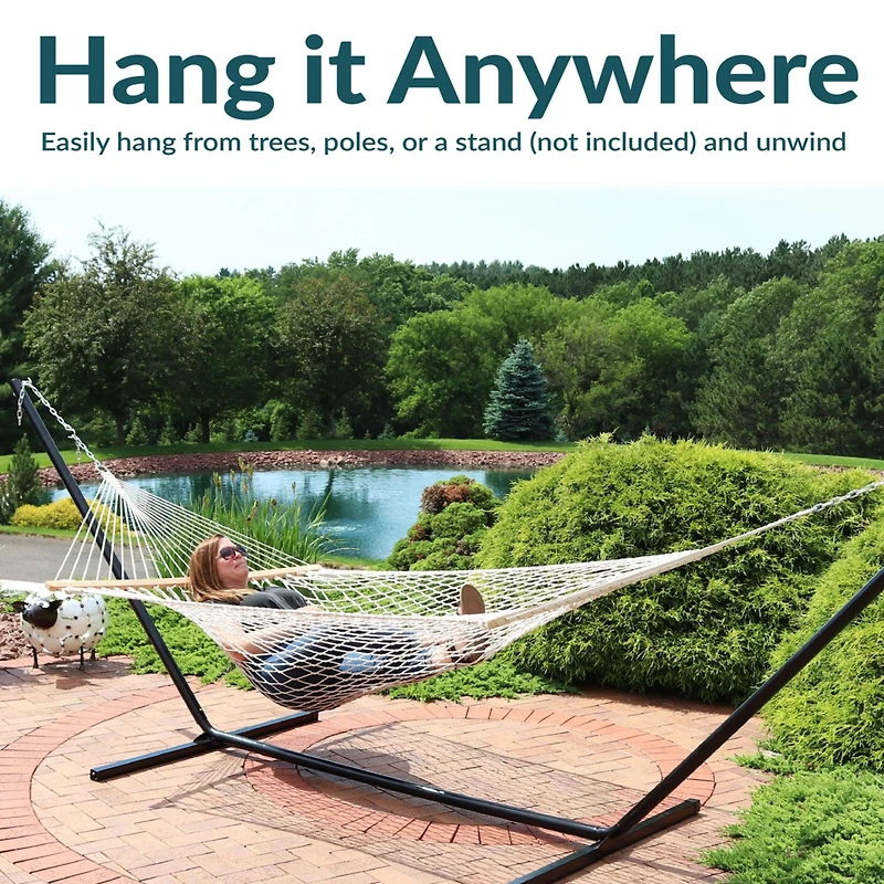 Large Two-Person Double Wide Rope Hammock with Spreader Bars for Patio and Backyard - 450 lb Weight Capacity