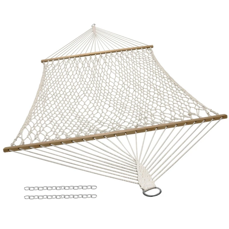 Outdoor 2-Person Double Cotton Rope Hammock with Wood Spreader Bar and 15ft Black Steel Stand