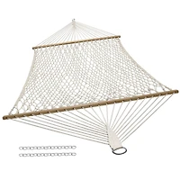 Outdoor 2-Person Double Cotton Rope Hammock with Wood Spreader Bar and 15ft Black Steel Stand