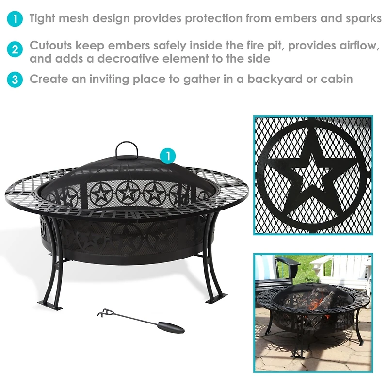 Outdoor Camping or Backyard Steel Round Four Star Fire Pit Table with Spark Screen - 40" - Black