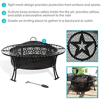Outdoor Camping or Backyard Steel Round Four Star Fire Pit Table with Spark Screen - 40" - Black