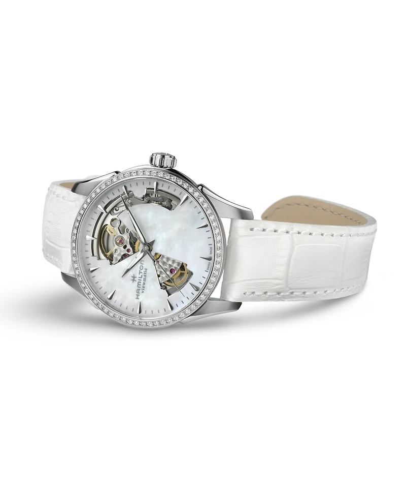 Hamilton Women's Swiss Automatic Jazzmaster Open Heart Diamond 1/3 ct. t.w. White Leather Strap Watch 36mm