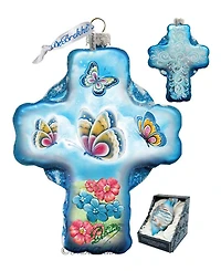 G.DeBrekht Blue Butterflies Cross Glass Ornament