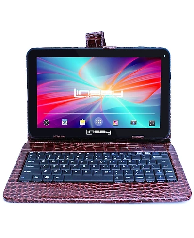Linsay New 10.1" Tablet Octa Core 128GB Android 14 and Exclusive Luxury Brown Crocodile Keyboard case
