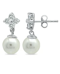 Imitation Pearl and Cluster Cubic Zirconia Drop Earrings Crafted in Silver Plate