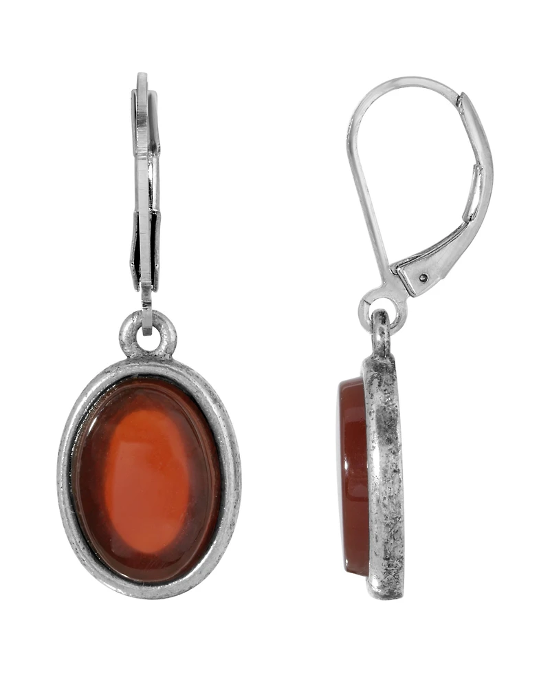 2028 Silver-Tone Semi Precious Carnelian Oval Flat Drop Earrings