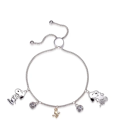 Peanuts "Snoopy" and "Woodstock" Crystal Adjustable Bolo Silver Plated Bracelet, Created for Macy's