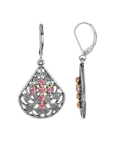 2028 Pewter Fan Red Crystal Cross Earrings