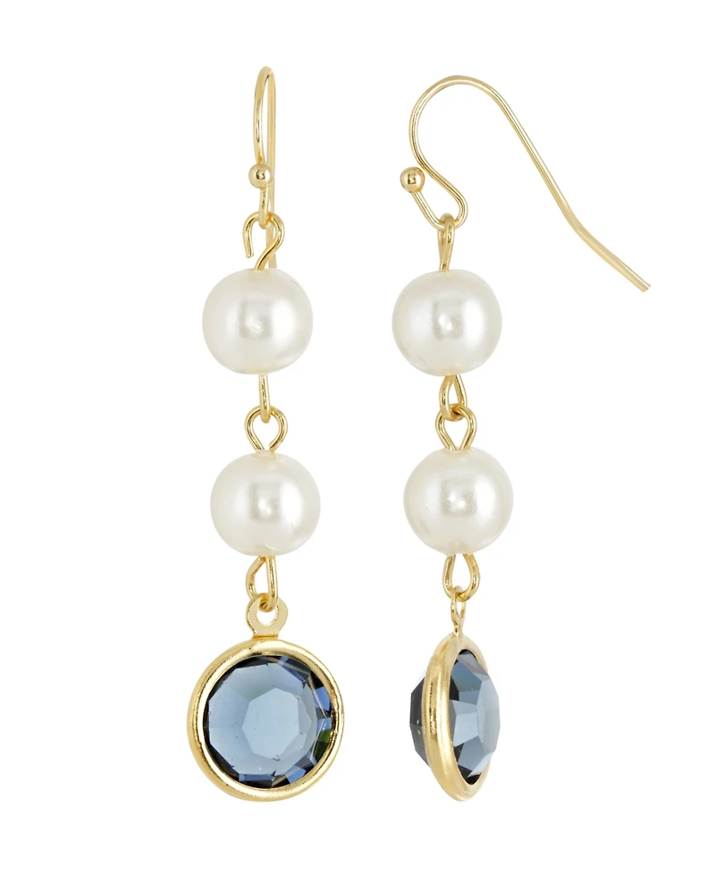 2028 Gold-Tone Imitation Pearl with Dark Blue Channels Drop Earring