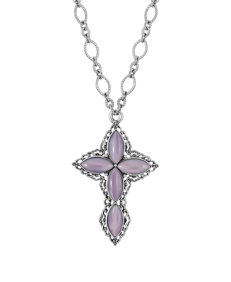 2028 Pewter Amethyst Diamond Shaped Stones Cross 24" Necklace