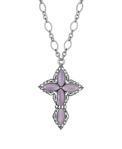 2028 Pewter Amethyst Diamond Shaped Stones Cross 24" Necklace