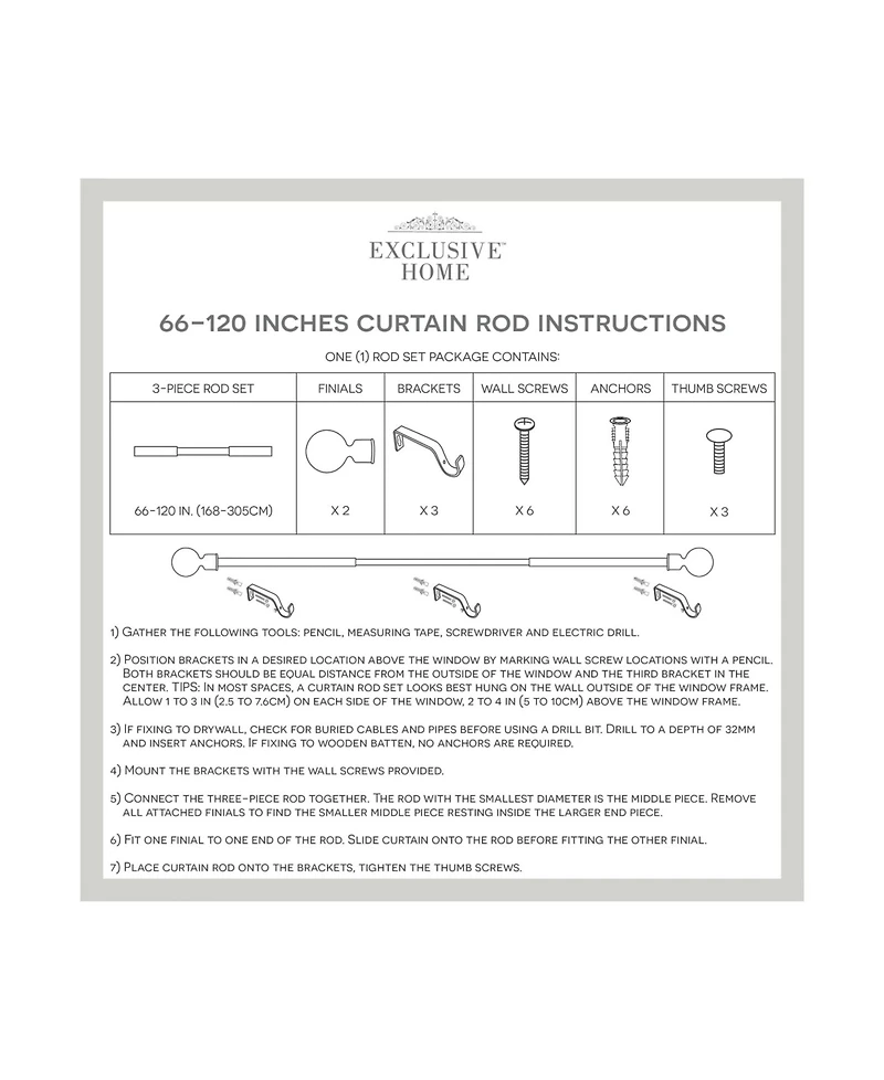 Exclusive Home Rimini 1" Window Curtain Rod and Finial Set, Adjustable 66"- 120"