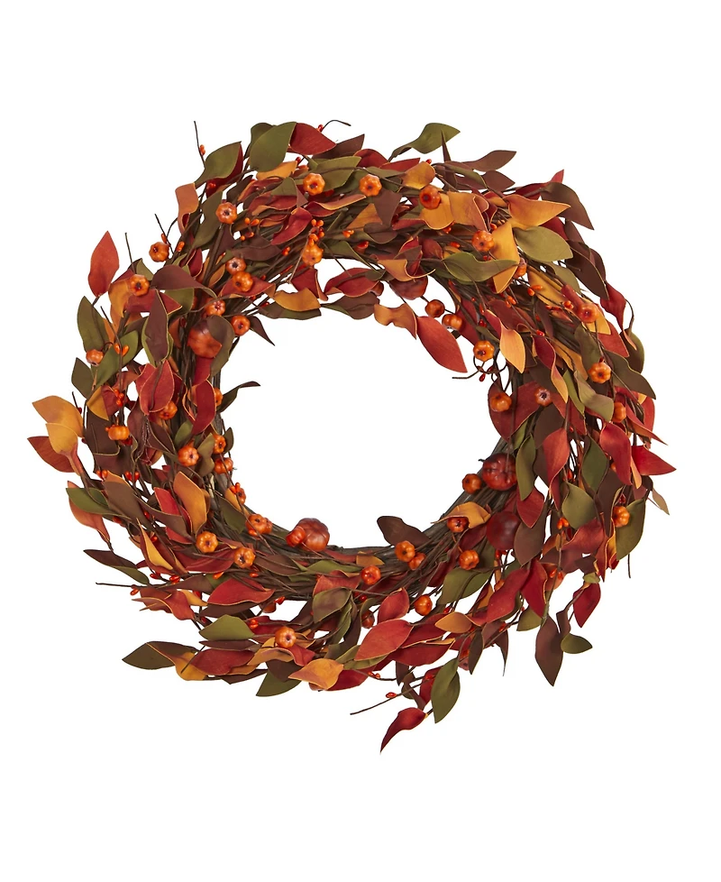 Nearly Natural Harvest Leaf and Mini Pumpkin Artificial Wreath