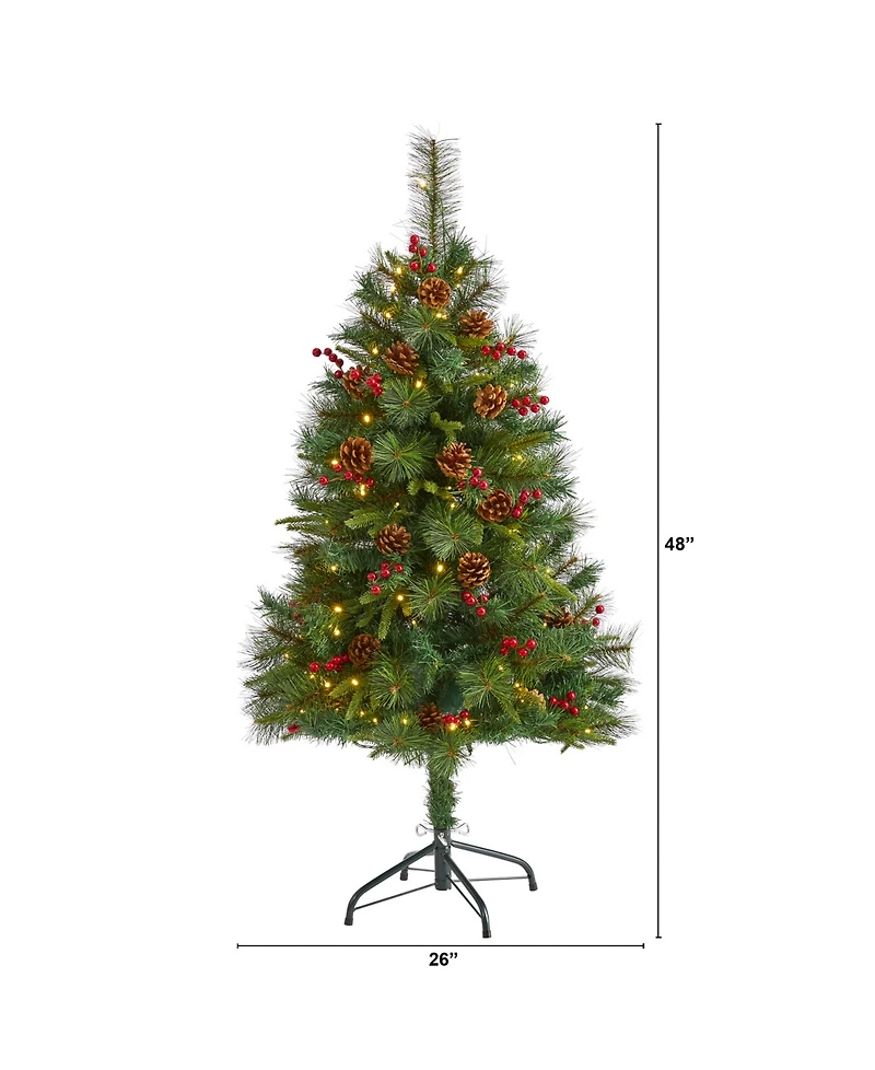 Nearly Natural Mixed Pine Artificial Christmas Tree with 100 Clear Led Lights, Pine Cones and Berries
