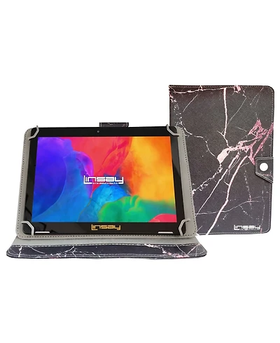Linsay New 10.1" Tablet Octa Core 128GB Bundle with Black and Gold Marble Case Newest Android 14