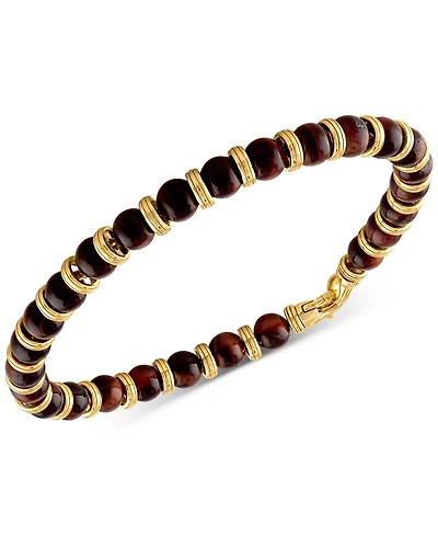 Esquire Men's Jewelry Red Tiger Eye Bead Bracelet in 14k Gold-Plated Sterling Silver, Created for Macy's