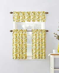 Sunny Sunflower Print Semi-Sheer Rod Pocket Kitchen Curtain Valance and Tiers Set