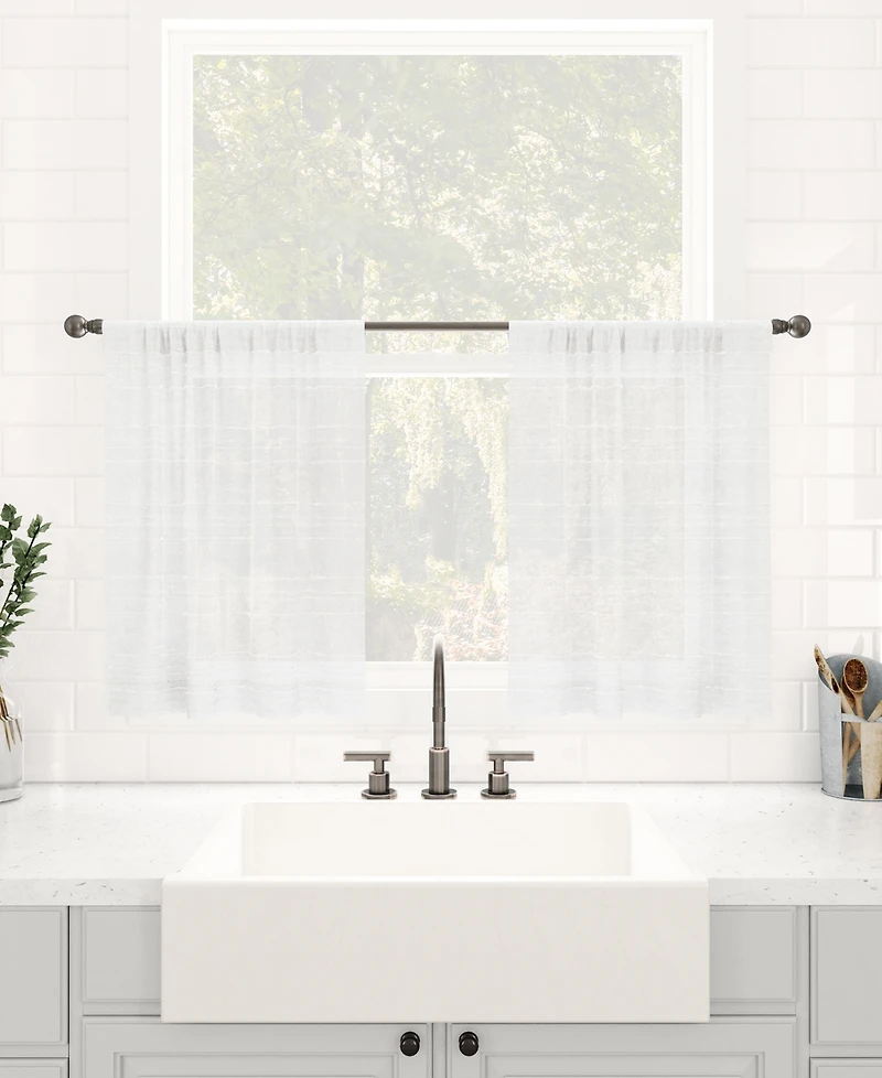 Textured Slub Stripe Anti-Dust Linen Blend Sheer Cafe Curtain Pair