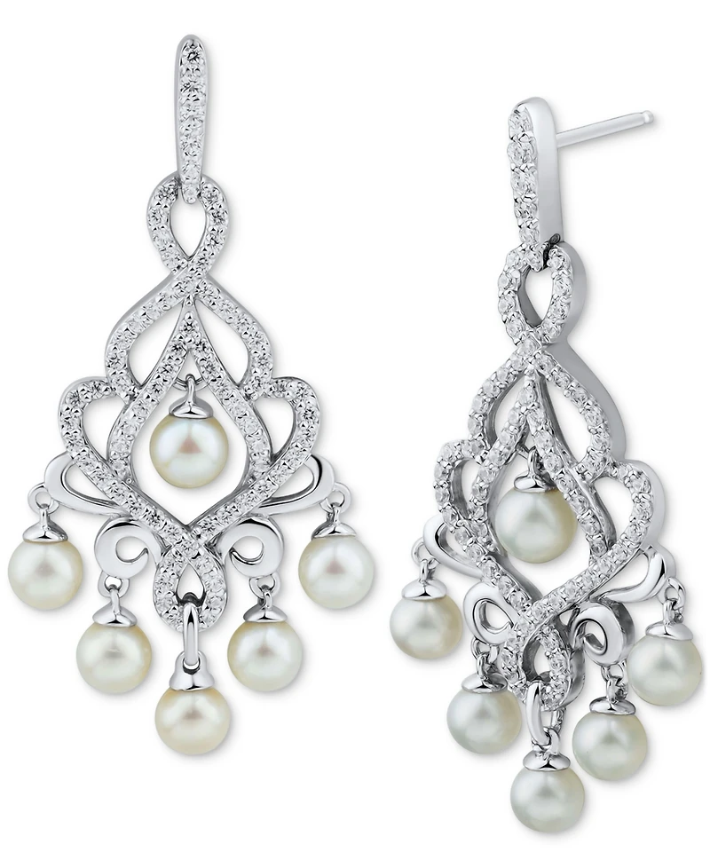 Arabella Cultured Freshwater Pearl (4-4-1/2mm) & Cubic Zirconia Chandelier Drop Earrings in Sterling Silver