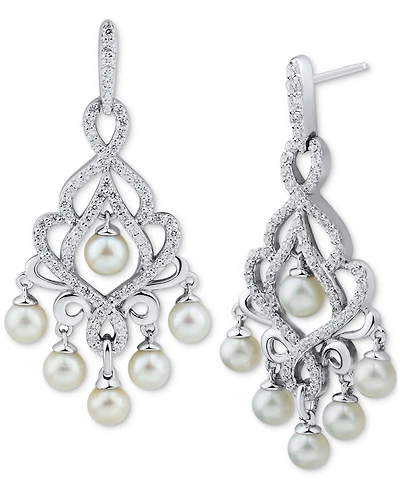Arabella Cultured Freshwater Pearl (4-4-1/2mm) & Cubic Zirconia Chandelier Drop Earrings in Sterling Silver