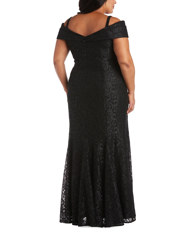 R & M Richards Plus Size Off-The-Shoulder Lace Gown
