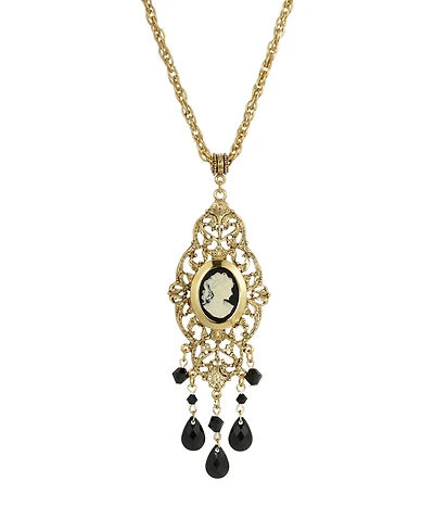 2028 Women's Gold Tone Black Oval Cameo Locket Necklace