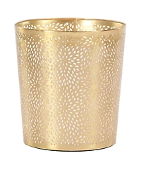 Small, Round, Glam Style Metallic Pierced Metal Waste Basket with Chrysanthemum Pattern