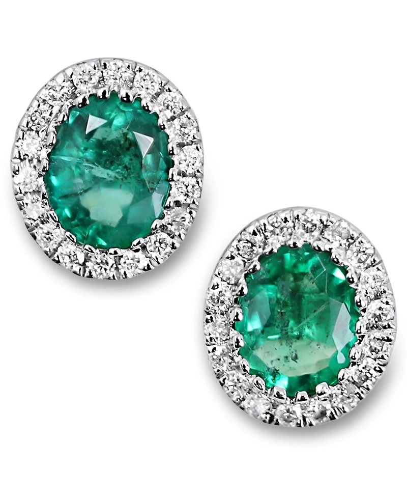 Emerald (5/8 ct. t.w.) & Diamond (1/10 ct. t.w.) Oval Halo Stud Earrings in 14k White Gold