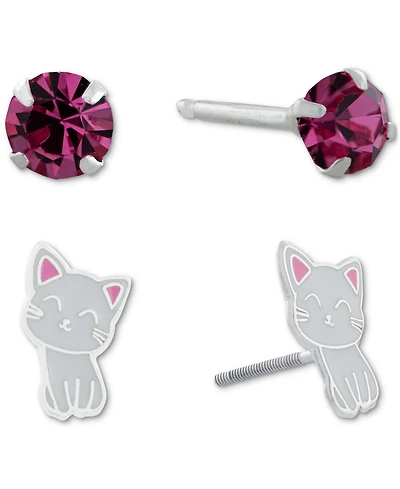 2-Pc. Set Crystal & Cat Stud Earrings in Sterling Silver