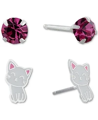 2-Pc. Set Crystal & Cat Stud Earrings in Sterling Silver