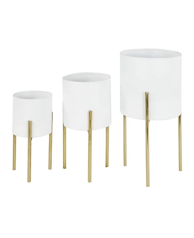 Contemporary Style Large Round Metal Planters in Stands, Set of 3