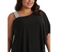 R & M Richards Plus Size Rhinestone-Trim One-Shoulder Dress