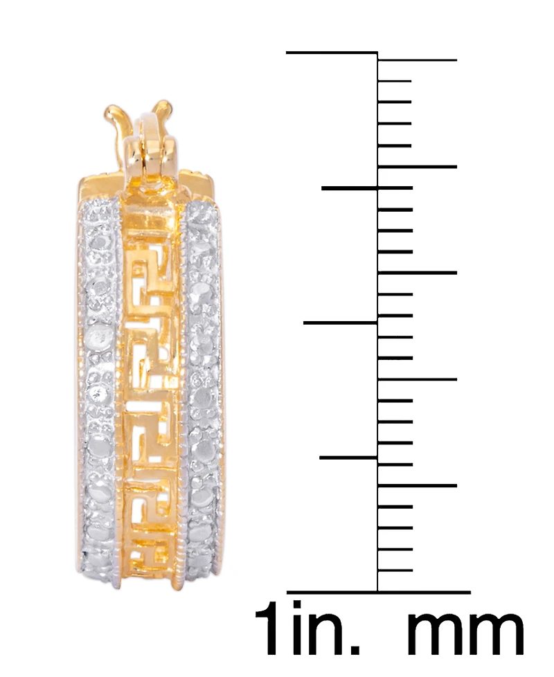 Diamond Accent Greek Key Design Huggie Hoop Earrings in Two Tone Gold Plate